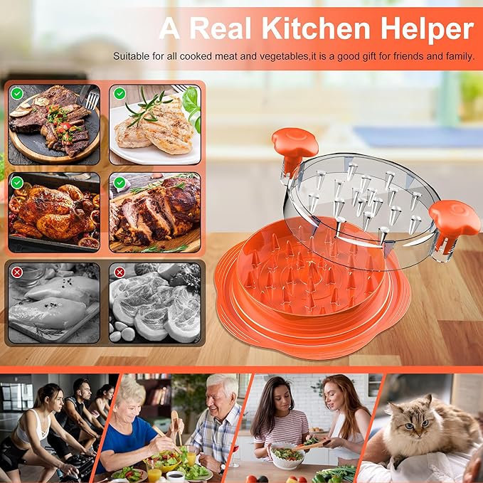 SURETIVIAN Chicken Shredder Tool Twist Large Chicken Breast Shredder with Brush&Fork, Visible Meat Shredder Machine, Anti-Slip Strip, Ergonomic Handle, BPA Free, Suitable for Pork Beef Chicken(Orange)