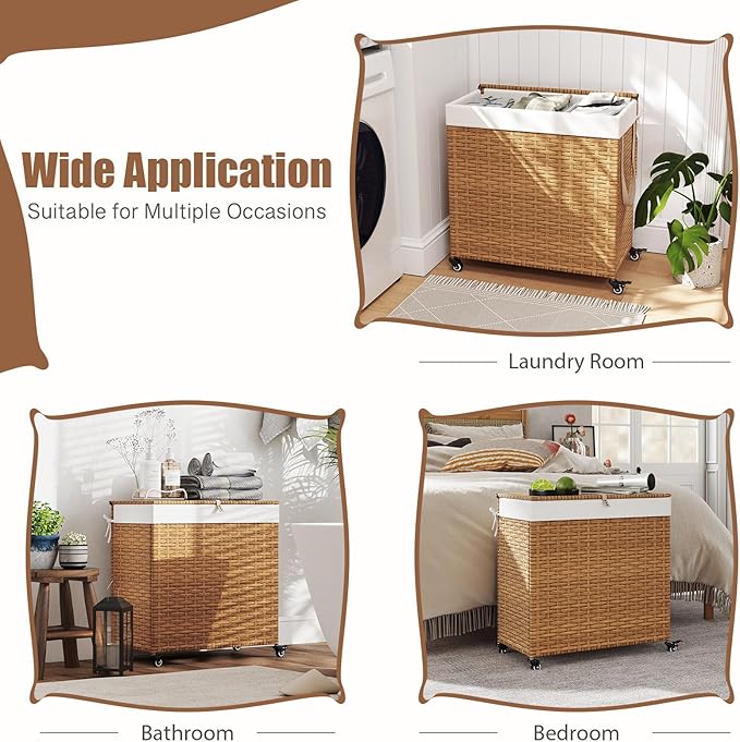 GOFLAME Laundry Hamper with Lid and Wheels, 125L Hand Woven Rattan Laundry Basket with 3 Divided Sections, Handles, 2 Removable and Washable Liner Bags, Dirty Clothes Hamper for Bedroom (Natural)