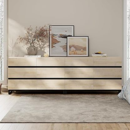 WAMPAT Dresser for Bedroom, Closet Organizers and Storage with 12 Drawers, Chest of Drawers with Metal Base, Modern Wooden Dresser for Living Room, Bedroom, Light Oak