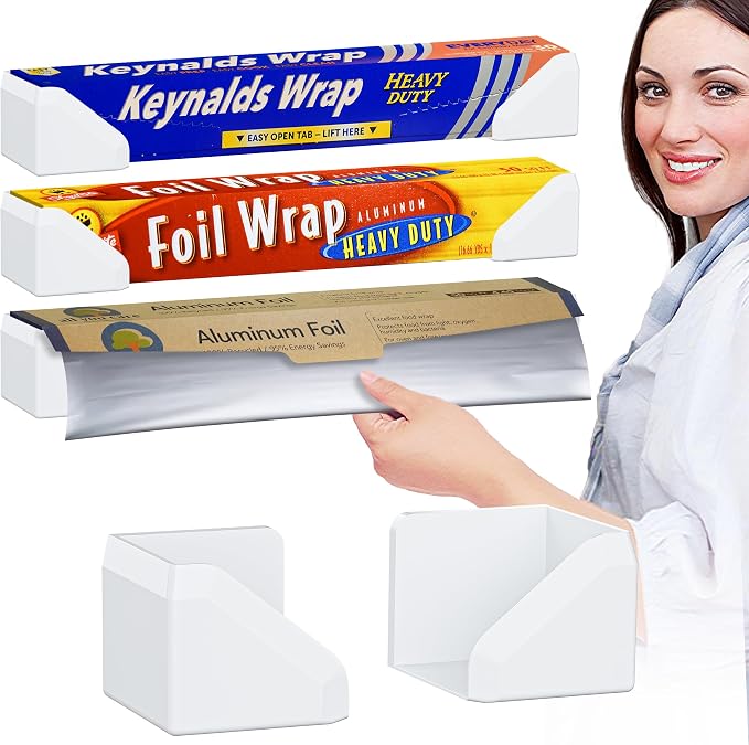 Skywin Adhesive Foil and Plastic Wrap Organizer, Fits Box Width up to 1.77in/45mm Aluminum Foil Organization and Storage, Space-Saving Wall-Mounted Kitchen Plastic Wrap Holde (White)