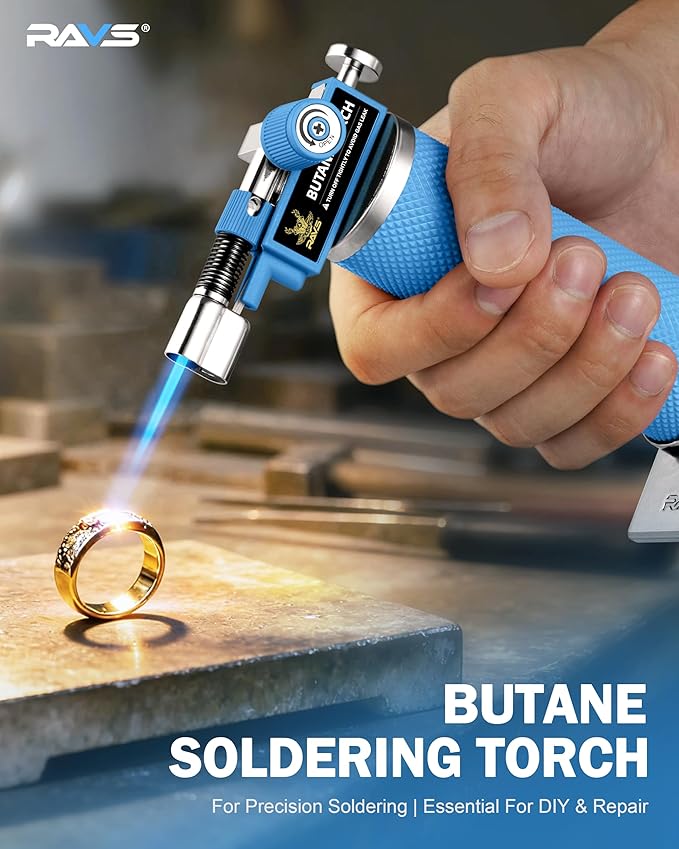 RAVS DUAL Flame Mode Butane Torch, Refillable Kitchen Torch Lighter for Creme Brulee, BBQ, DIY Soldering with Adjustable Flame & Safety Buckle, Metal Body, Blue Soldering Torch, Butane is Not Included