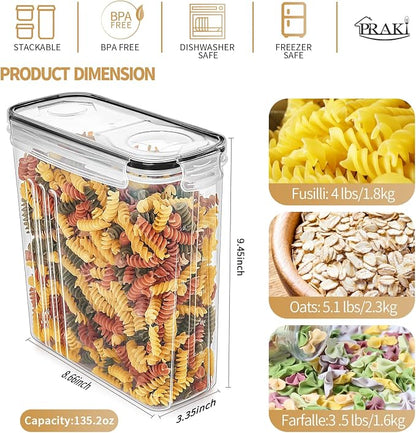 PRAKI Cereal Containers Storage Set (4L,135.2 Oz), 4PCS Airtight Food Storage Containers with Pour Spout for Kitchen & Pantry Organization Cereal Dispensers with 20 labels, Measuring Cup & Marker