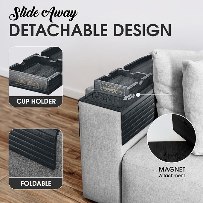 Couch Cup Holder Tray with 2 Cork Coasters, Couch Arm Tray, 2 in 1 Anti-Slip Foldable Sofa Arm Tray, Couch Armrest Table, Anti-Spill Couch Arm Table for Drinks TV Remote Cellphone Snacks (Black)