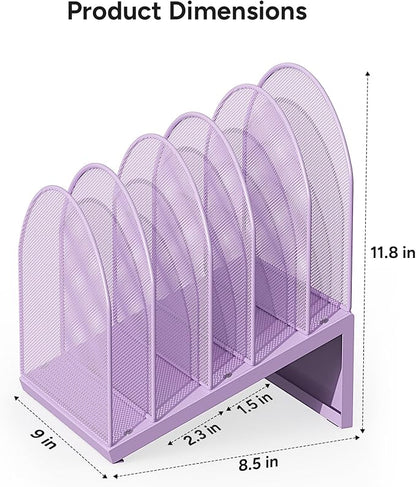 5-Section Desk File Organizer, Metal Mesh Folder Organizer for Documents, Mail & Office Papers (Purple)