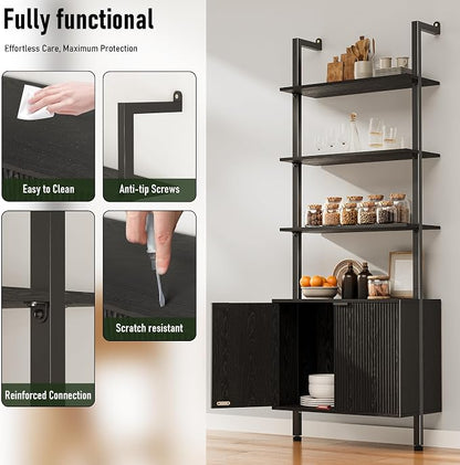 INNOD 74" Tall Bookshelf with Storage Cabinet, Modern Ladder Shelf with Wood and Metal Frame, Wall Mount Bookcase Open Display Shelf Furniture for Living Room, Bedroom, Home Office，Black
