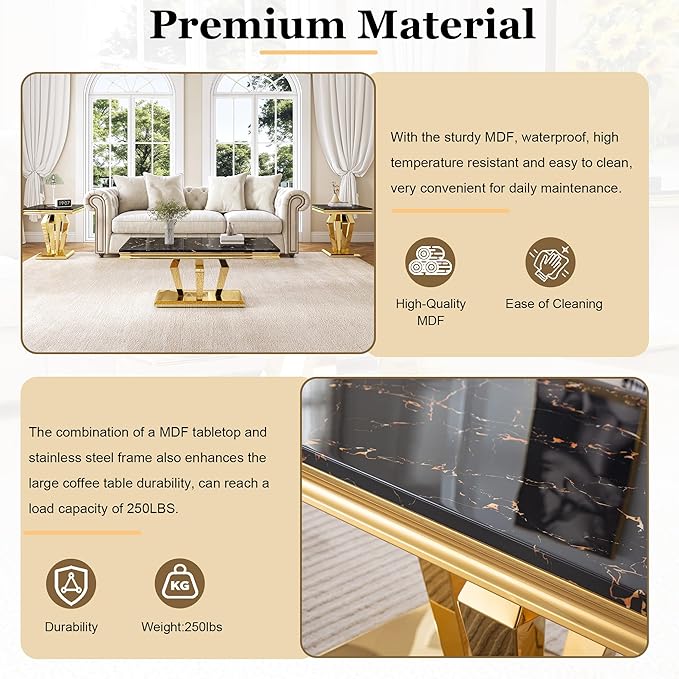 Living Room Coffee Table Set of 3, Modern Marble Coffee, End Side and Console Table, 3-Piece Living Room Table Set with Stainless Steel Base for Living Room (Gold,Black)