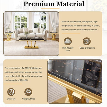 Living Room Coffee Table Set of 3, Modern Marble Coffee, End Side and Console Table, 3-Piece Living Room Table Set with Stainless Steel Base for Living Room (Gold,Black)