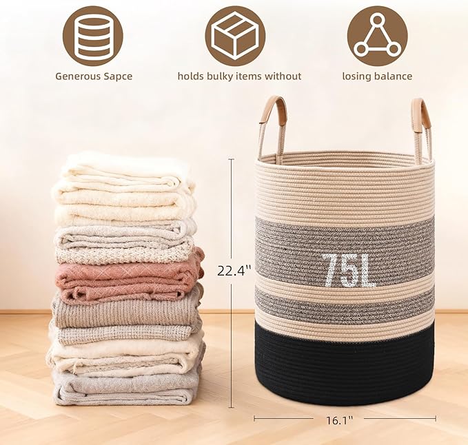 75L Striped Laundry Basket, Brown & Black Laundry Hamper with Leather Handles, Woven Cotton Rope Storage Bin for Blankets, Nursery Hamper for Clothes, Toys In Bathroom, Livingroom, Bedroom