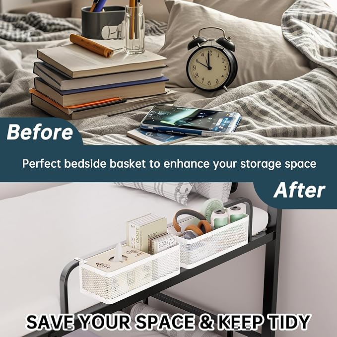 Bedside Caddy Shelf for Bunk Bed & Dorm, Adjustable Bunk Bed Caddy Holder for Top Bunk, Rails, Cribs, Bedside Shelf Organizer for Phone/Books/Drinks (White, L(L11in*W4.9in*H3.93in))