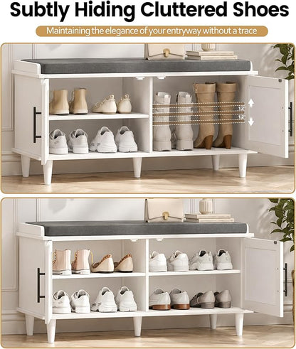 Akxomel Rattan Shoe Storage Bench with Cushion, 2-Tier Entryway Bench with Adjustable Shelves and 2 Doors, 15" D x 39.4" W x 20" H, Solid Wood Legs, for Hallway, Living Room, Bedroom, White