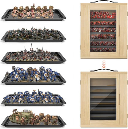 WELIDAY Miniature Storage Case for Collectibles, Miniature Display Cases with Magnetic Door and 6 Trays, Clear View Miniatures Transport Case (Wooden)