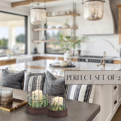 Rustic Farmhouse Lantern Decor Set of 2 - Stylish Decorative Lanterns for Your Living Room, Fireplace Mantle or Kitchen Dining Table - Modern Indoor/Outdoor Coffee Table Decor for Your Entire Home