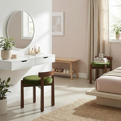 HNY Velvet Makeup Stool in Vintage Green: Compact Round Ottoman Chair with Wooden Legs, Perfect for Small Spaces Like Entryway, Cloakroom & Boudoir