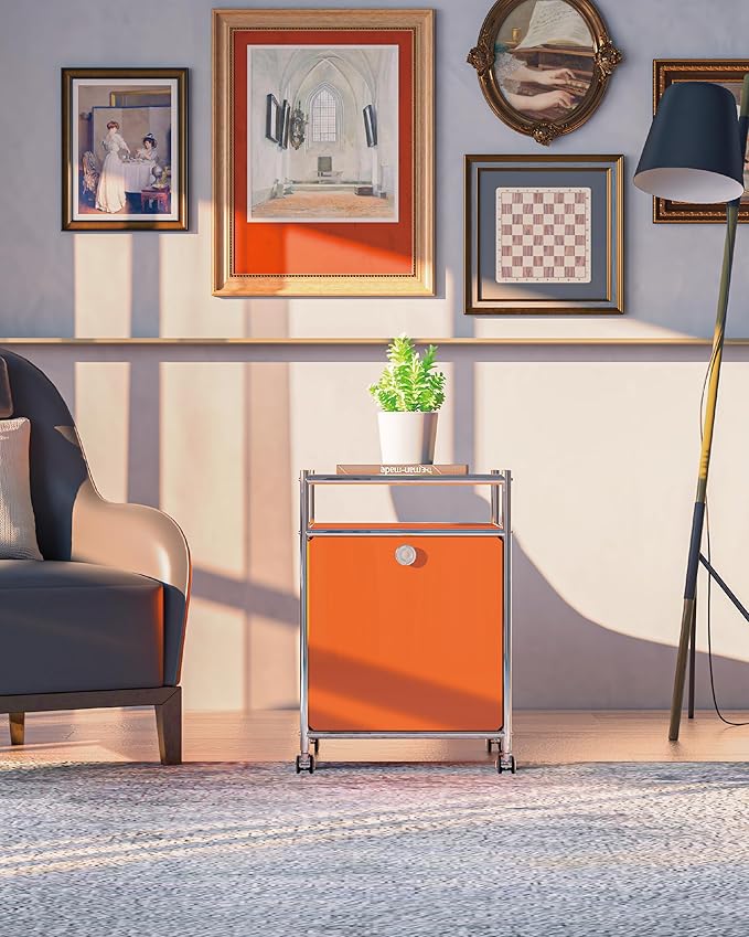 Simplink Elegant Matte Storage Cart with 22.8" Height - Perfect Side Table, Night Stand - Large Capacity with Flap Door, Detachable Wheels - Ideal for Home, Office, Bedroom, Kitchen (Orange)