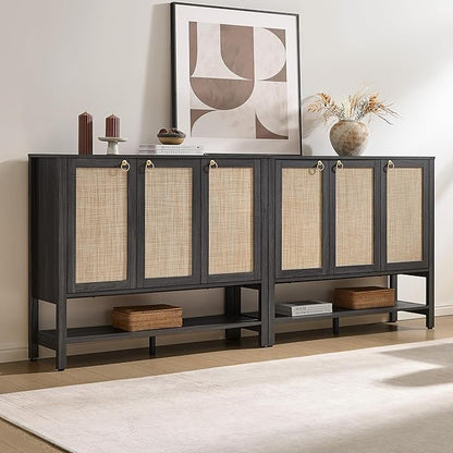 SICOTAS Farmhouse Shoe Cabinet with Storage - 2 Pieces Large Rattan Shoe Organizer with Adjustable Shelves & 3 Doors, Boho Shoe Rack Cabinet for Entryway, Hallway, Living Room (Obsidian)