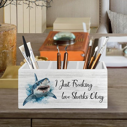 Shark Decor, Shark Bathroom Decor, Pen Pencil Holder Organizer for Desk Accessories, I Just Freaking Love Sharks Okay Wooden Box Sign Desk for Home Office Decoration