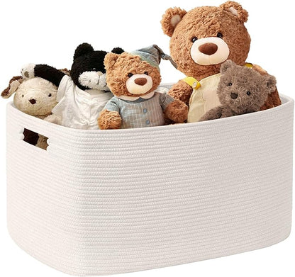SunNewt 45L Small Baby Girls Laundry Basket for Nursery Storage,Cute Woven cotton Rope Baskets for Kids Toy，Gifts,Boho Square Wicker Blanket hamper for Living Room,Bedroom Dirty Clothes, White