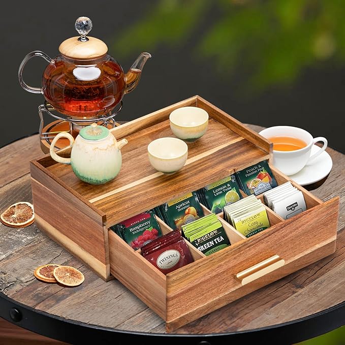Tea Bag Organizer, Acacia Wood Tea Organizers and Storage Box, Tea Bag Holder Station Caddy Container for Countertop, Tea Accessories Gift Box with Drawer