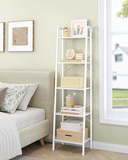 Ladder Shelf, Bookshelf Bookcase, Freestanding Corner Storage Shelve with 2 Hooks for Home Office, Living Room, Kitchen, Bedroom, Industrial, 11.8" D x 17.3" W x 63" H, White BC19213W