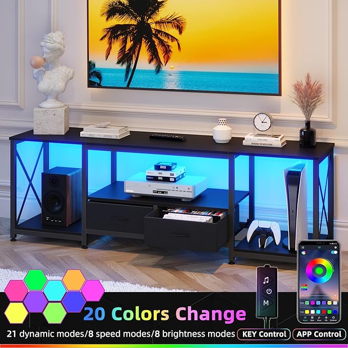 GYIIYUO TV Stand with Fabric Drawers for 65 70 75 Inches TV - Entertainment Center and Industrial TV Console Table with Open Storage Shelves for Living Room, Bedroom - 63.5" Black
