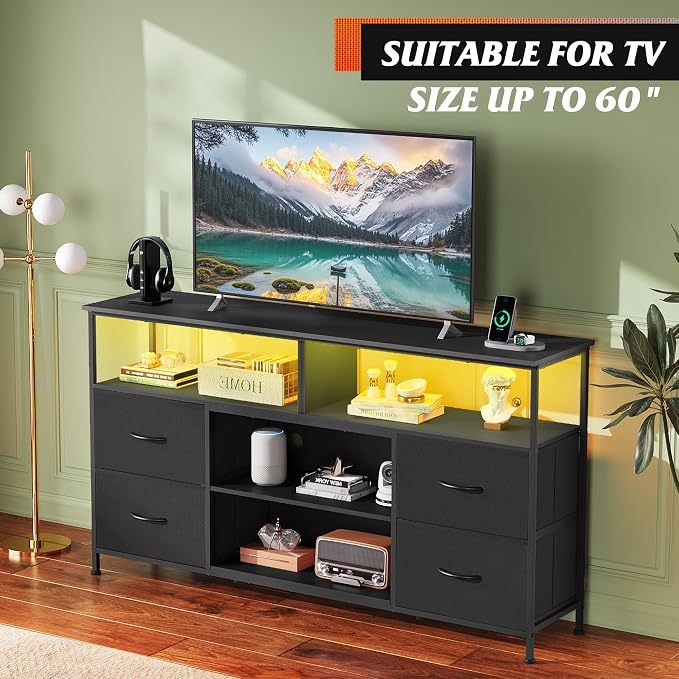 WLIVE TV Stand Dresser for 50,55,60 inch TV, Entertainment Center with LED Lights & Fabric Drawers, Dresser TV Stand for Bedroom and Living Room with Open Shelves, Black