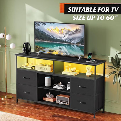 WLIVE TV Stand Dresser for 50,55,60 inch TV, Entertainment Center with LED Lights & Fabric Drawers, Dresser TV Stand for Bedroom and Living Room with Open Shelves, Black