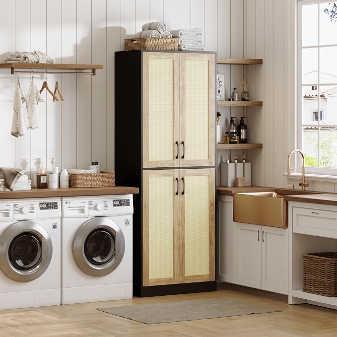 JASIWAY Kitchen Pantry Cabinet, 67" Tall Rattan Storage Cabinet with Doors and Adjustable Shelves, Wooden Linen Pantry Cupboard for Small Spaces Laundry Room Bathroom, Food Snack Towels Storage, Black