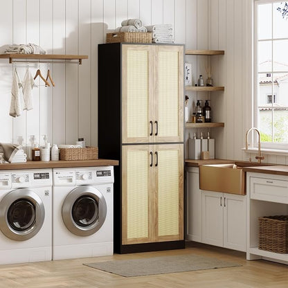 JASIWAY Kitchen Pantry Cabinet, 67" Tall Rattan Storage Cabinet with Doors and Adjustable Shelves, Wooden Linen Pantry Cupboard for Small Spaces Laundry Room Bathroom, Food Snack Towels Storage, Black