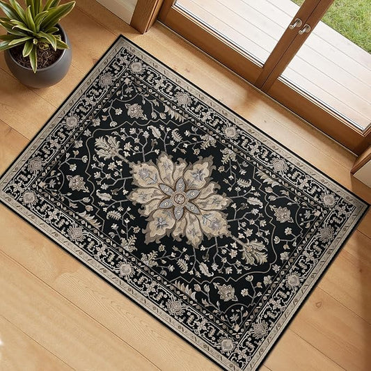 RELEANY Area Rugs Small 2'x3' Washable Non-Slip, Floral Vintage Distress Medallion Carpet for Kitchen Entryway Bathroom, Black Brown Neutral Dark Tan