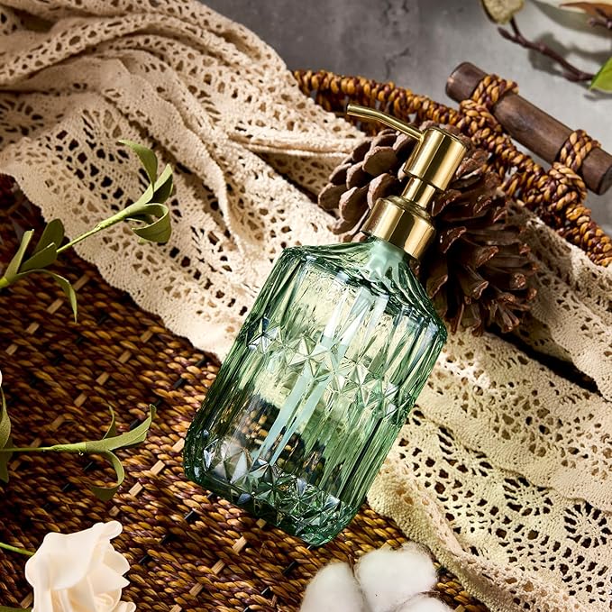 COHOSEGE 17 Oz Green Glass Kitchen Soap Dispenser for Dish Soap, 2 Pack Bathroom Soap Dispenser Set with Gold Rust Proof Pump for Lotion, Hand soap or Body Wash