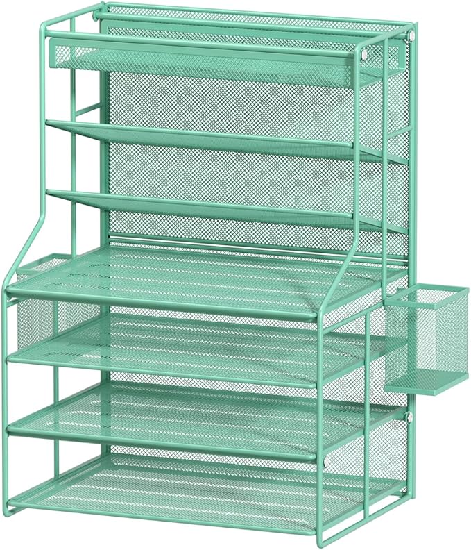 7 Tier Desk File Organizer,Metal Document Holder with Adjustable Shelves, Pull-Out Drawer & Removable Pen Holder for Office Organization,Green