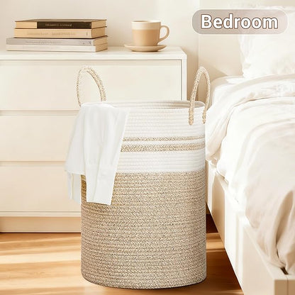 SunNewt Tall Laundry Basket with Handles, 72L Portable Dirty Clothes Hamper, Boho Cotton Rope Storage Bin for Blankets Kids Toys Gifts, Large Organizer for Baby Nursery Bedroom Bathroom, New Brown