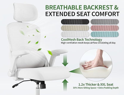 White Ergonomic Office Chair: Mesh Desk Chair Comfy with Adjustable Lumbar Support 400lbs High Back Computer Gaming Chair - Big and Tall Office Chairs with Extra Wide Seat-Adults Home Office