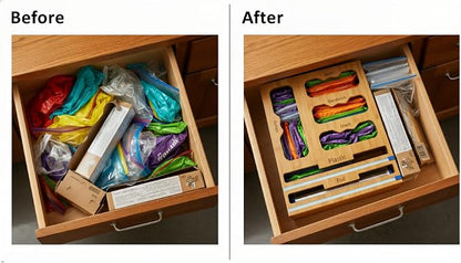 Storage Bag organizer, 6 in 1 Foil and Plastic Wrap Dispenser with Cutter, Bamboo Kitchen Drawer Organizer Food Bag Organizer for Gallon, Quart, Sandwich, Snack Bags (Natural)