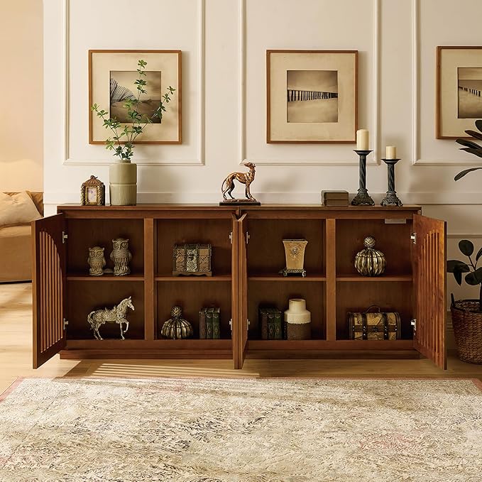 LKTART Arch Doors Sideboard Buffet Storage Cabinet,Mid Century Modern Storage Cabinet with Shelves,Wood Coffee Bar for Living Room, Kitchen, Hallway-Brown