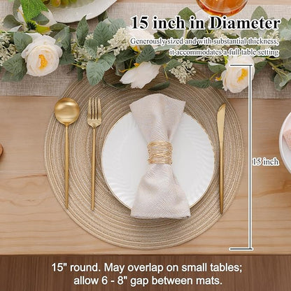 SHACOS 15 inch Round Placemats Set of 6, Cotton Polyester Woven Braided Place Mats, Washable Heat Resistant Non Slip Table Mats for Kitchen Dining Table (Beige, 6)