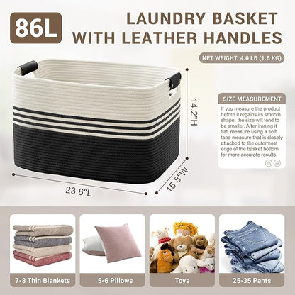 SunNewt 86L Extra Large Laundry Basket with Leather Handles for Living Room Storage, Woven Rope Baskets for Blanket, Kids Toy, Gifts, Wicker Hamper for Bedroom Dirty Clothes, 24"x16"x14" White Black