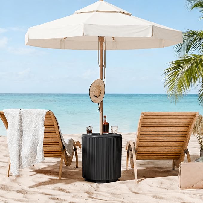 Outdoor Umbrella Stand with Hole, in Pool Umbrella Stand with Weighted Water Filled Bladder, Fluted Vertical Ribbed Design, All Weather Umbrella Side Table Base, Patio Umbrella Base, Black