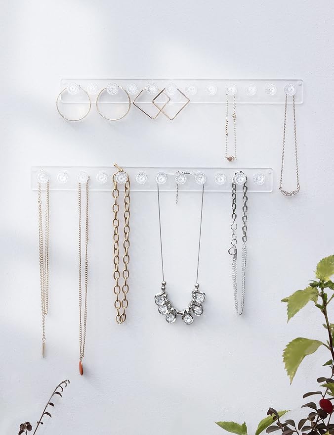 Heesch Necklace Holder, Acrylic Necklace Hanger, Wall Mount Necklace Organizer, Jewelry Hooks for Necklaces, Bracelets, Chains (2-pack Iridescent)