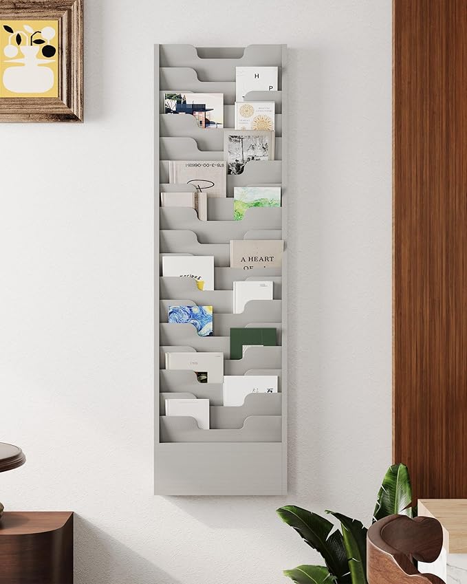 OSKIE Wall-Mount File Organizer, 16 Pockets Document Holder, Metal Construction, Gray White Powder-Coated, 14x3x46H inches