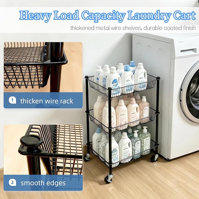 Pantry Organizer and Storage Shelves Kitchen Cart for Fruit Vegetables, 3 Tier Utility Cart with Wheels, Onion Potato Storage Basket Thicken Metal Trolley for Laundry Bathroom, Black