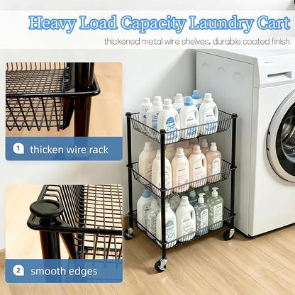 Pantry Organizer and Storage Shelves Kitchen Cart for Fruit Vegetables, 3 Tier Utility Cart with Wheels, Onion Potato Storage Basket Thicken Metal Trolley for Laundry Bathroom, Black