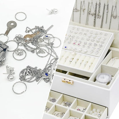 Jewelry Organizer Box, Jewelry Box Organizers for Women Girls, Jewellery Display Holder, 3 Layers Large Leather Jewels Storage Case for Earring, Rings, Necklaces, Bracelets, Watch, Ideal Gift (White)