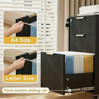 3 Drawers Fluted Mobile File Cabinet with Lock, Rolling File Cabinet Printer Stand Table, Under Desk Wooden Filing Cabinets for Home Office Essentials Storage Organization Furniture Letters/A4(Black)