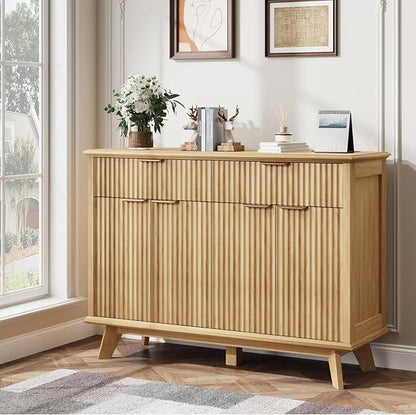 QUW Fluted Buffet Sideboard Cabinet with Storage, 47.2" Kitchen Cabinet with Drawers and Adjustable Shelves, Modern Coffee Bar with Charging Station, for Dining Room, Living Room, Natural Oak
