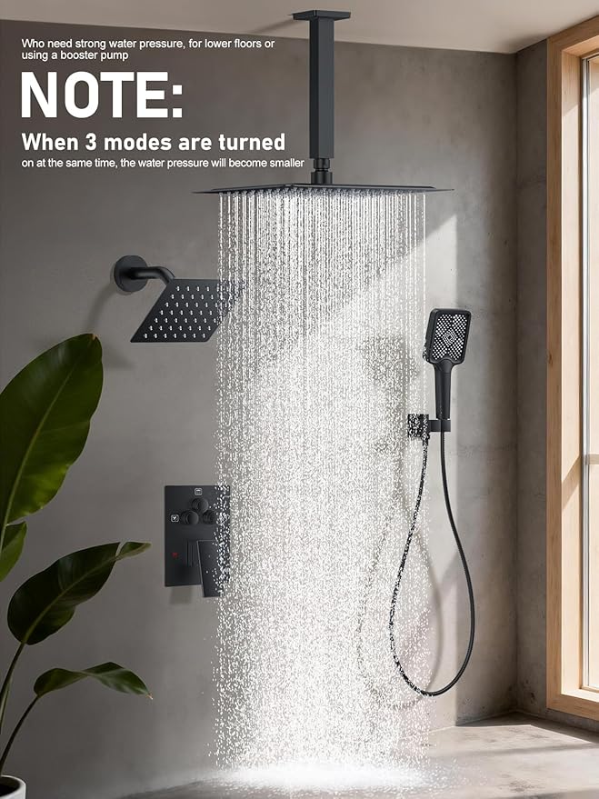 Shower Faucet Set, 10" Ceiling Mount Rainfall Shower System with 10'' Top Head+6'' Side Head and Multi-function Handheld Head Push Button Diverter Shower Faucet Trim Kit Matte Black