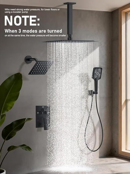 Shower Faucet Set, 10" Ceiling Mount Rainfall Shower System with 10'' Top Head+6'' Side Head and Multi-function Handheld Head Push Button Diverter Shower Faucet Trim Kit Matte Black