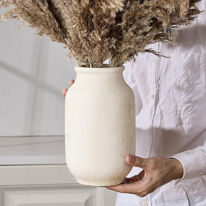 SIDUCAL Rustic Farmhouse Flower Vase | 9.5 Inch Large Ceramic Vase | Pampas Grass | Modern Farmhouse for Home Decor, Table, Living Room Decoration, Shelf Decor, Mantel, Fossil