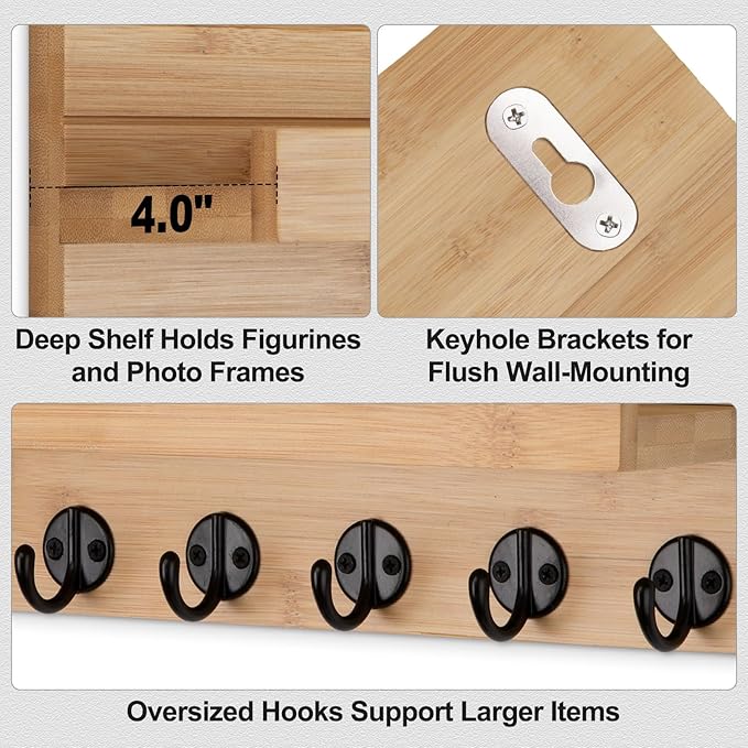 Key Holder Wall Mount, Entryway Key and Mail Holder with 7 Sturdy Hooks for Sunglasses, Dog Leash, Decorative Wall Shelf with Mounting Hardware, 15”W x 6.7”H x 4.2”D (Wood)