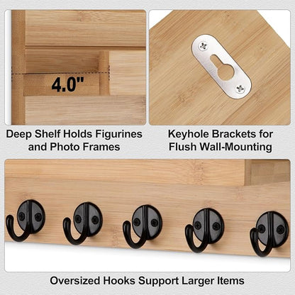 Key Holder Wall Mount, Entryway Key and Mail Holder with 7 Sturdy Hooks for Sunglasses, Dog Leash, Decorative Wall Shelf with Mounting Hardware, 15”W x 6.7”H x 4.2”D (Wood)